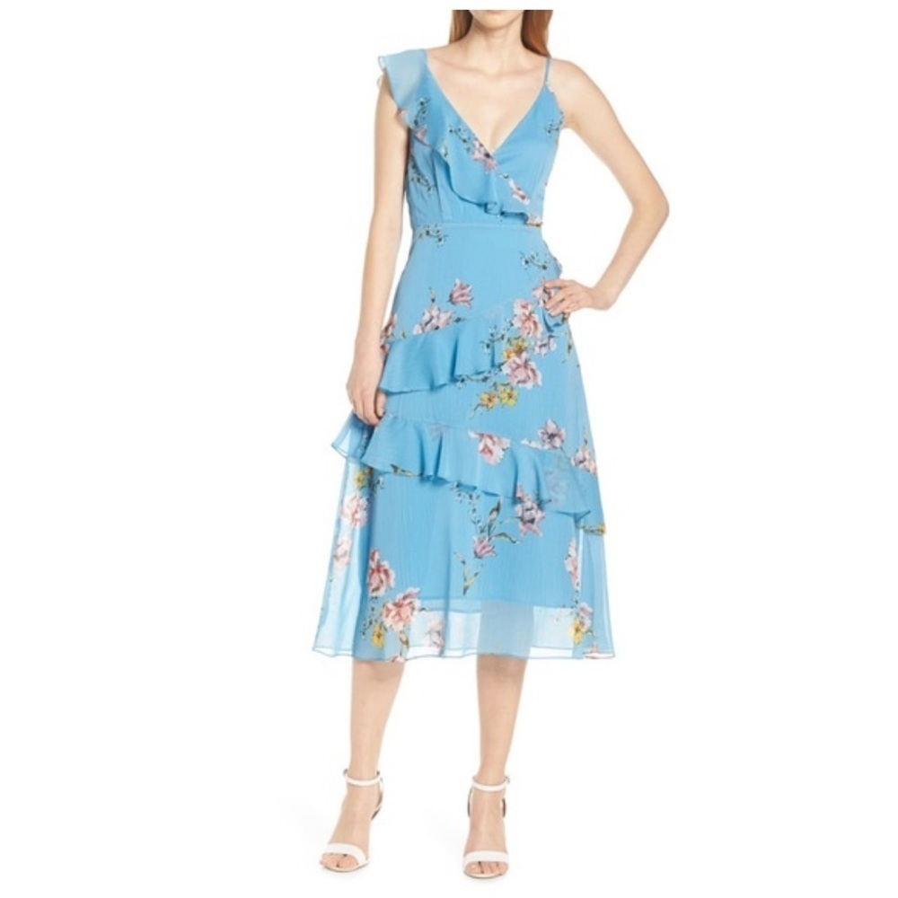 Avec Les Filles Floral Cascading Ruffle Midi Dress in Cerulean Blue Floral 12